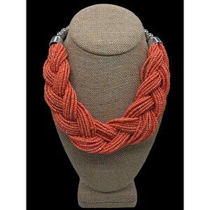 Orange Braided Multistrand Seed Bead Necklace Choker Tribal Boho Silver Toned 18